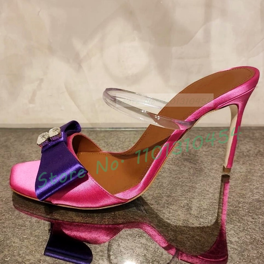 Bowknot Satin High Heels Slippers Women Summer Elegant Multicolor Crystal Bling Shoes PVC Strap Ladies Casual Open Toe Mules
