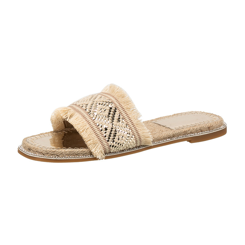 embroider knitting canvas slippers women bohemian fringe flip flops beach shoes woman straw bottom tassel sandalias mujer size43