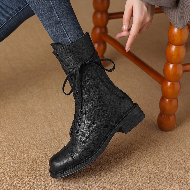 Autumn NEW Genuine Leather for Women Round Toe Chunky Heel Shoes Zipper Short Lace-up Designer Boots feb7