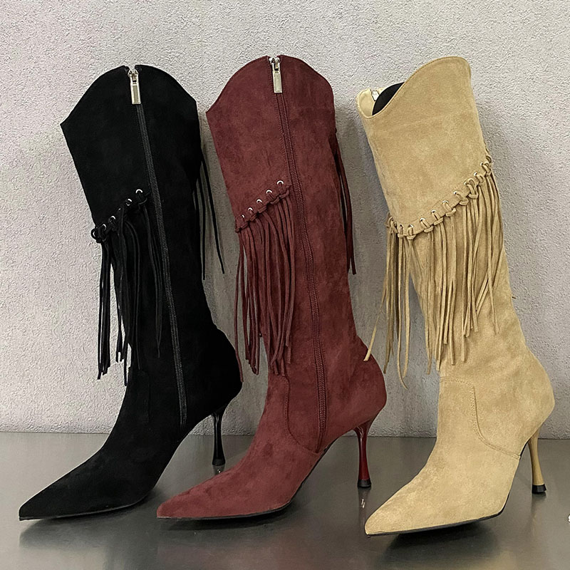 Fashion Designer Tassels Footwear Women Knee High Boots With Thin Heels Shoes Female Pointed Toe Ladies Long Booties