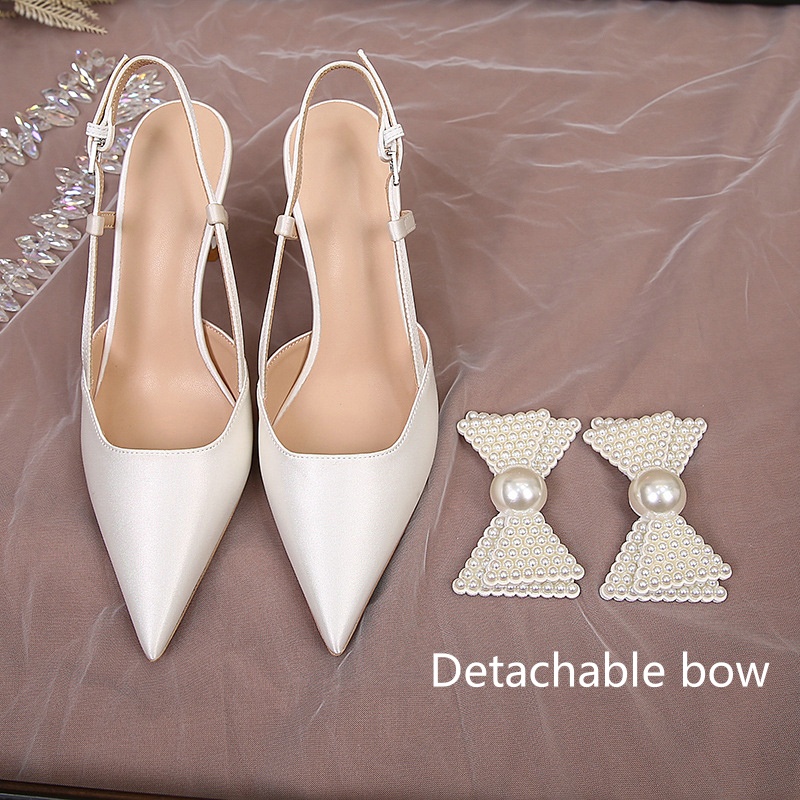French Wedding Shoes Women 2024 New White Bridesmaid Shoes Bow High Heels Elegance Sandals