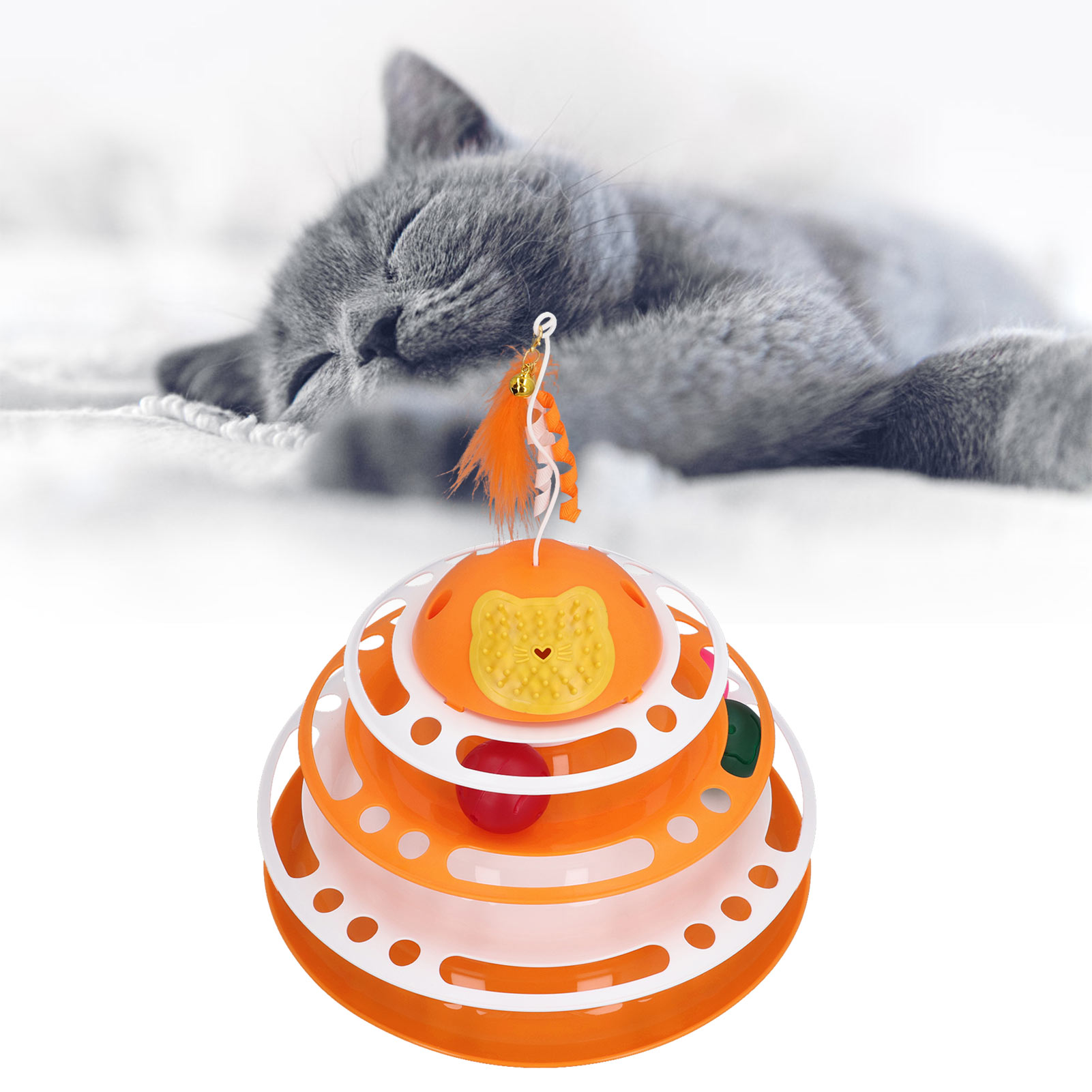 Interactive Ball Tower Toy for Indoor Kitten, Detachable Cat Track, Puzzle Toy with Scratcher, Teasing Feather