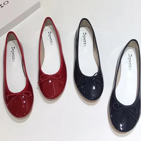 French Vintage Single Round Head Ballet Slippers Low Heel Shallow Sole Patent Leather Small Red Shoes Summer Women's Flats