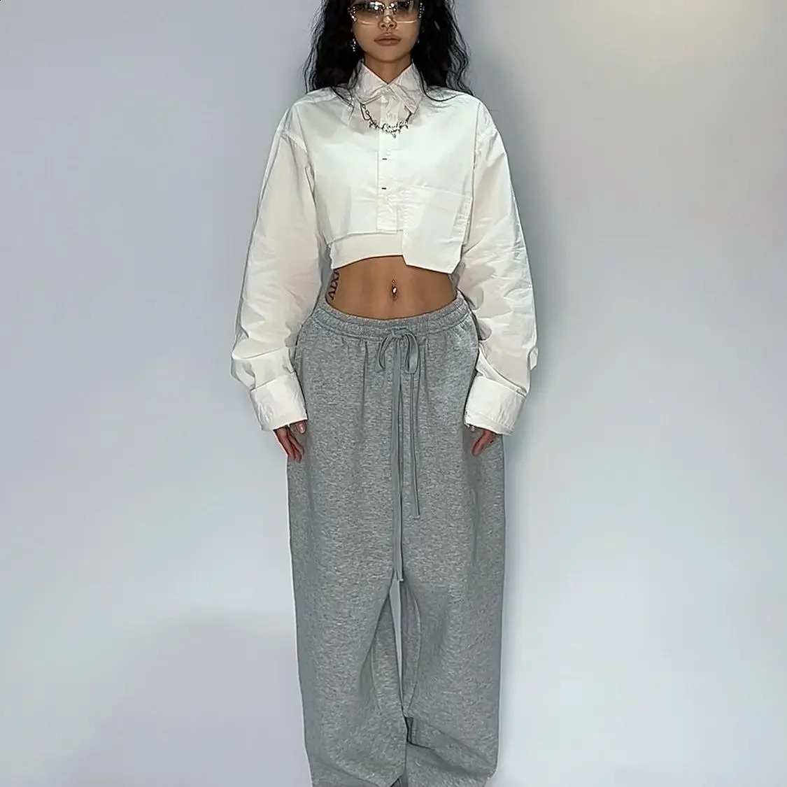 Kpop Y2K grey jogging pants for women hippie streetwear oversized sports loose straight wide legs Trouser Korean style 240913