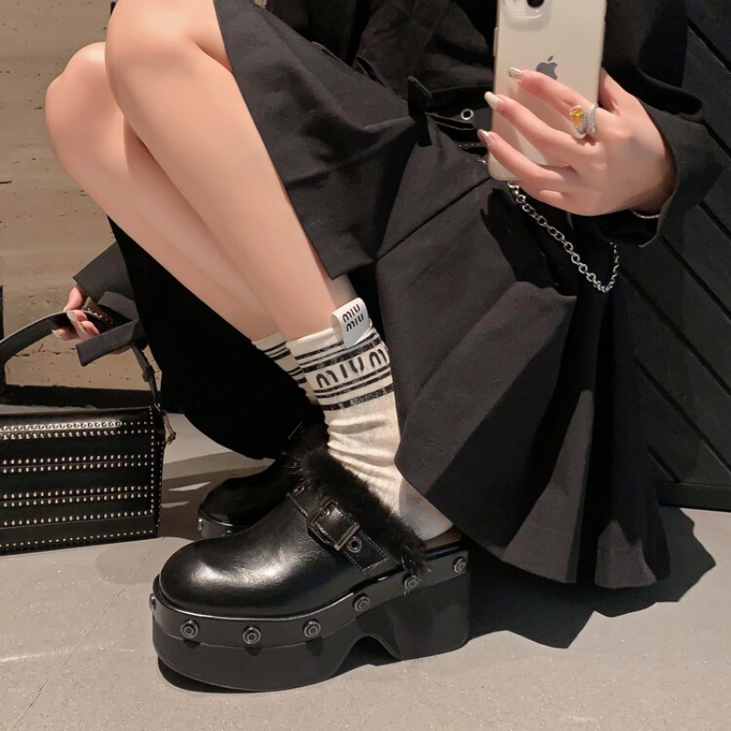 Style Punk Cowhide Rivet Metal Buckle Decorative Slippers 2023 New Women's Fashion Waterproof Platform 8cm Thick Heel Sandals 487e