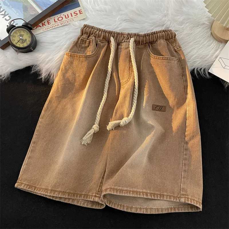 Mens Summer New Washed Denim Shorts Rope Elastic Waist Casual Loose Five Points Drawstring Jeans ShortsX240914