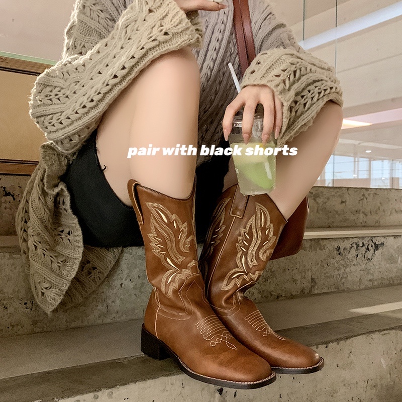 2024 Fashion Chunky Heel Women Western Cowboy Boots Mid-Calf Shoes Split Leather 0dbe