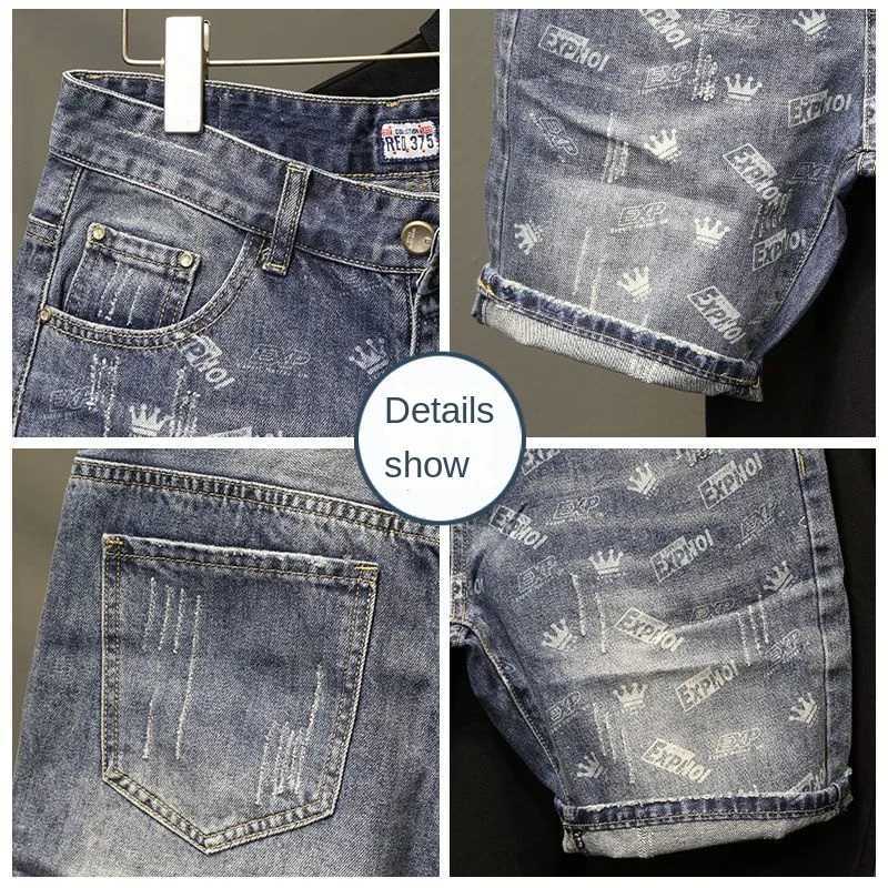 New Summer Luxury Clothing Denim Casual Short Jean Men Shorts Knee Length Washed Printed Fashion Korean Punk Trendy Cowboy PantsX240914