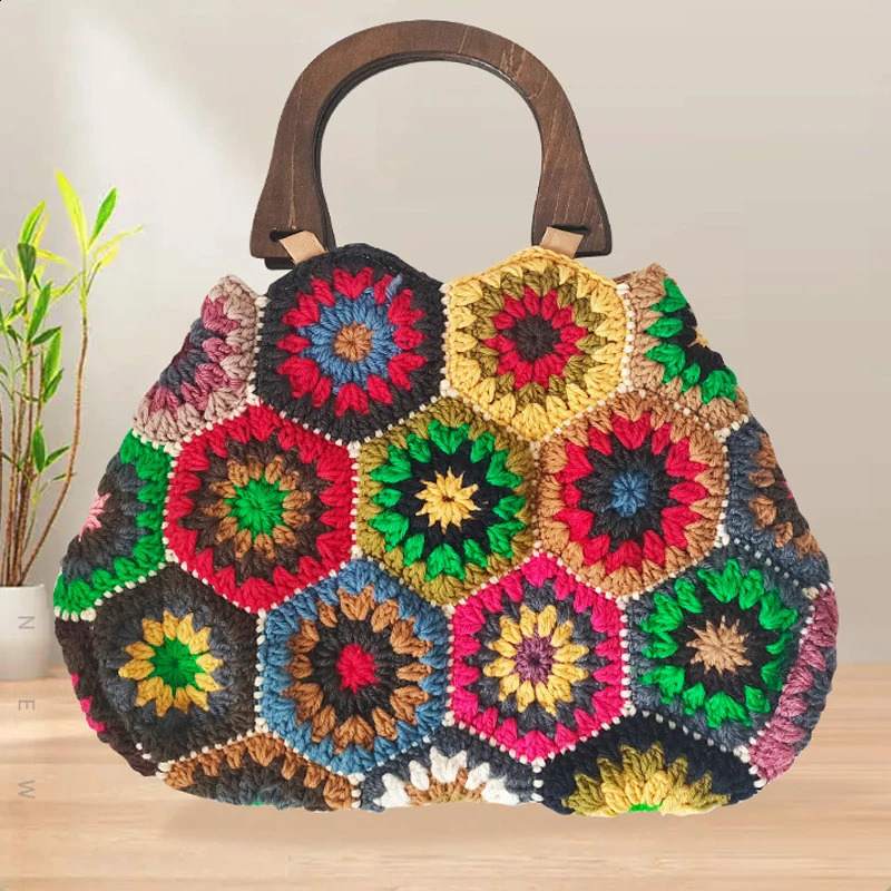 Bohemian Granny Square Crochet Womens Handbag Vintage Wooden Knitted Large 240913