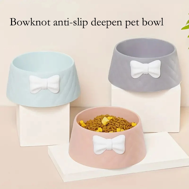 Creative Cute Bowknot Decor Pet Feeding Deepen Bowl Cats Dogs Durable Friendly PP Cat Food Dish Bowl Water Basin Non-Slip Base
