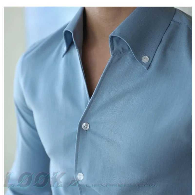 Mens Italian Collar Shirt Wrinkle-free Casual Fashionable Slim-fit with A Lapel Design Branded Clothing Youth New Z240914