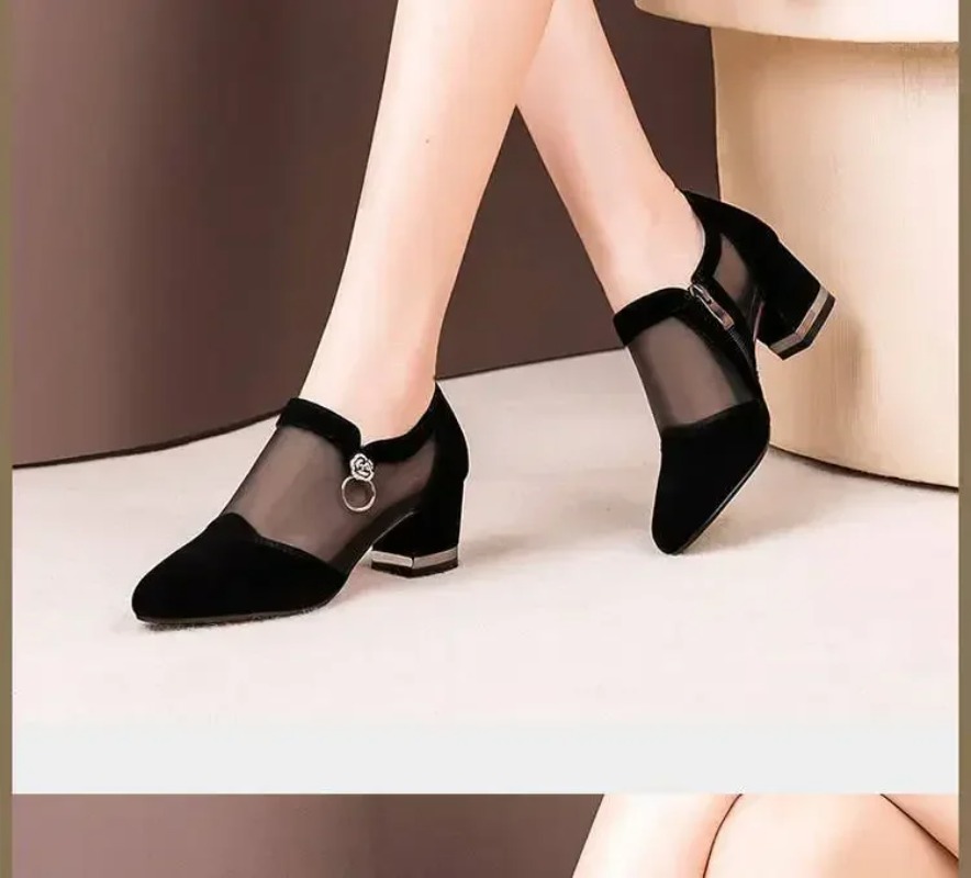 Women Summer High Heel Mesh New Breathable Pumps Zip Pointed Quality Toe Thick Heels Fashion Female Dress Shoes Elegant Footwear E3d4 S