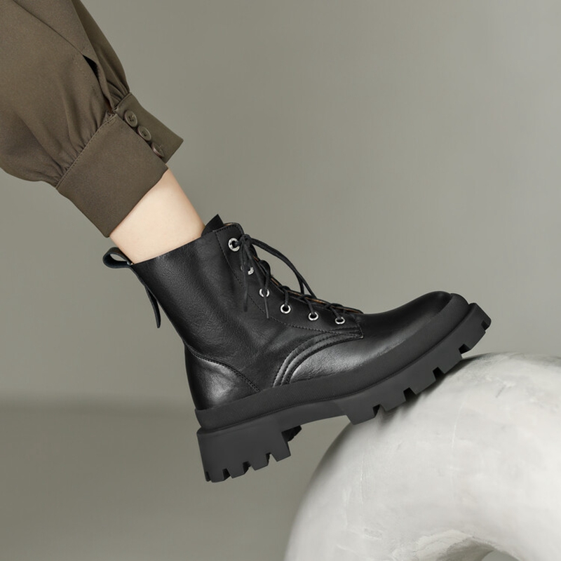 Round Autumn Toe Thick Heel Concise Lace-up Shoes for Women Winter Platform Short Designer Boots b417 Platm