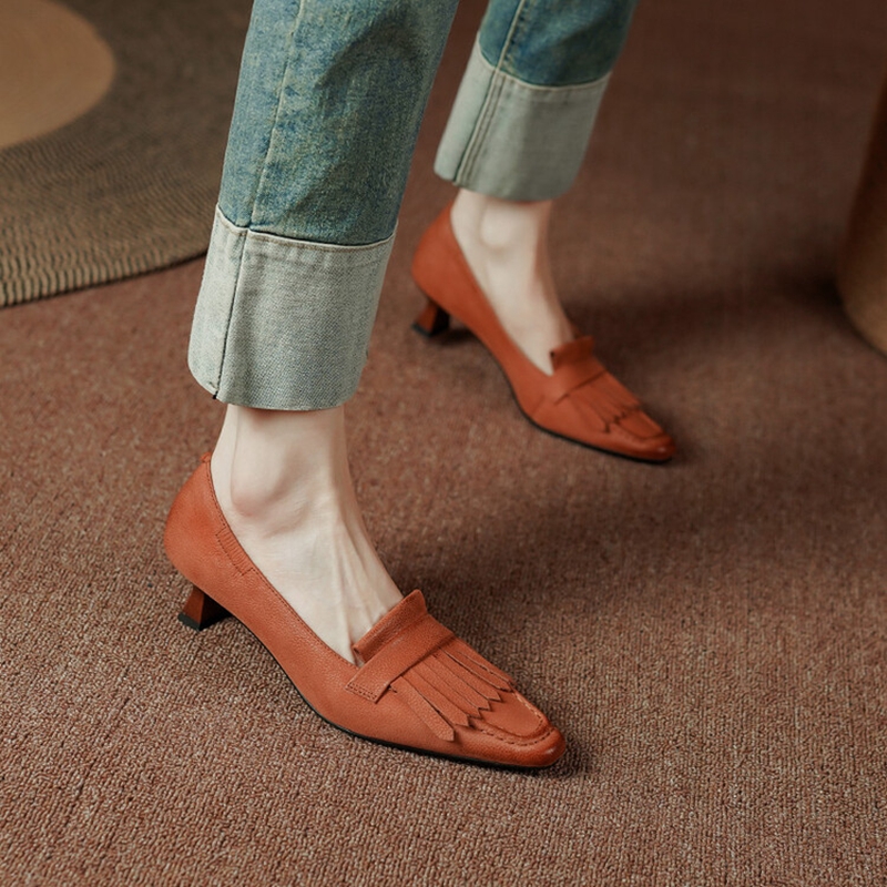 Spring 2023 Square Toe Thin Heel Pumps Genuine Leather for Women Casual Retro Tassels Handemade Shoes ae76