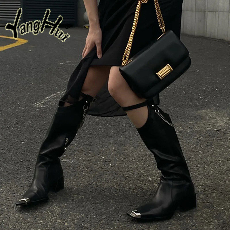 Knee-high Street Style Modern Boots 2023 New Irregular Chain Accessories Side Zipper Square Toe Thick Heel Pumps Shoes Winter