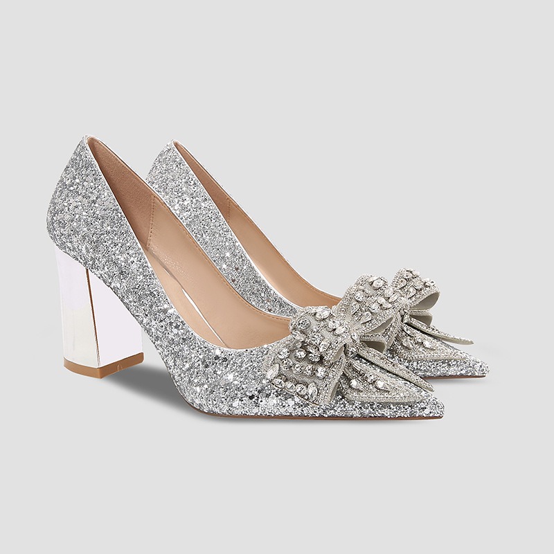 New 2024 Wedding Bride Shoes Dress Bridesmaid High Heels Sequin Crystal Bow Pumps b850 smaid