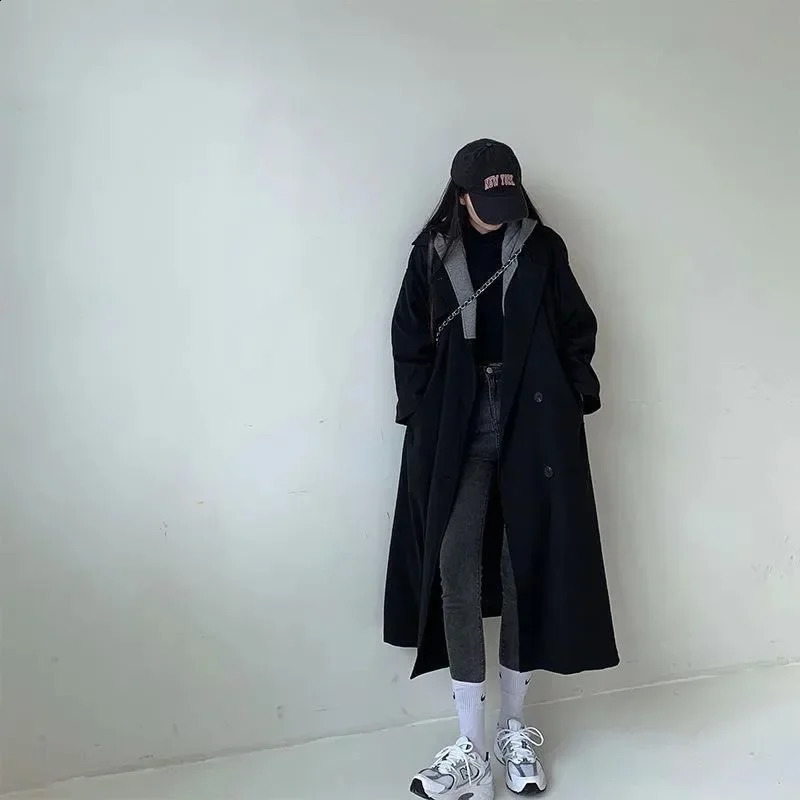 Twopiece Illusion Woolen Jacket Womens Winter Korean Style Loosefit Mediumlength Hooded Thickened Overcoat Clothing 240905