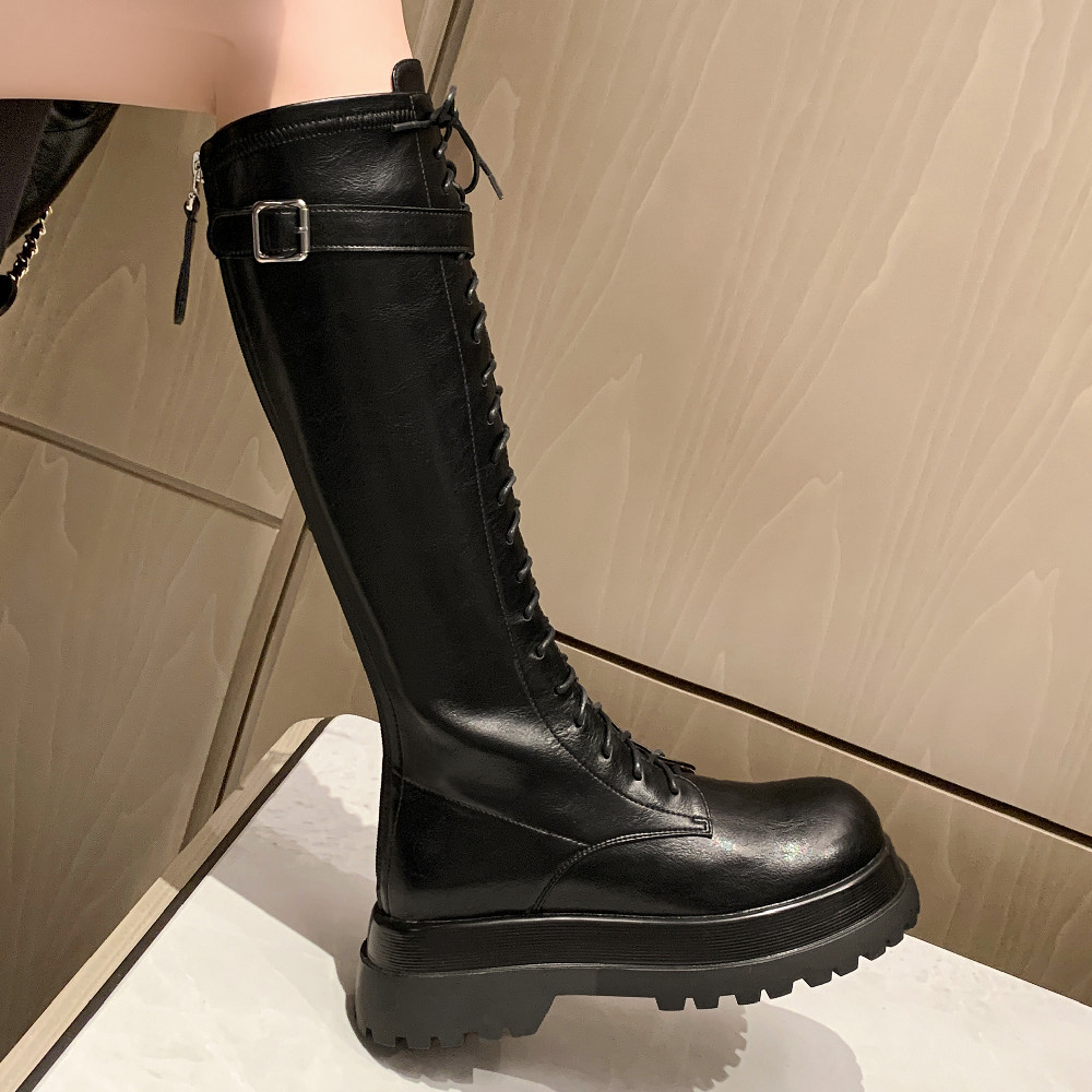 women's danxuefei genuine leather lace-up thick sole platform flats autumn knee high casual punk knight boots back zip hot 3683