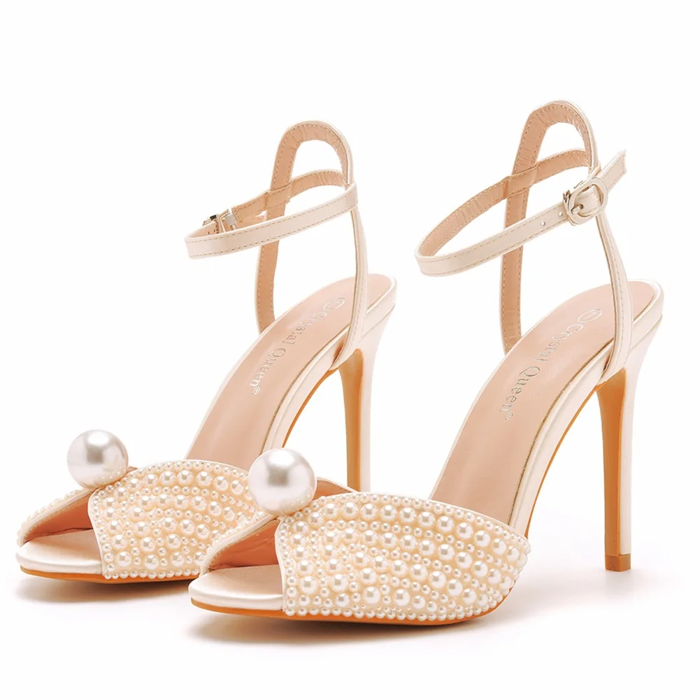 Women Sandals Fashion High Heels Quality Wedding Shoes Pearls Studs Luxury Peep Toe Buckle Strap Stiletto