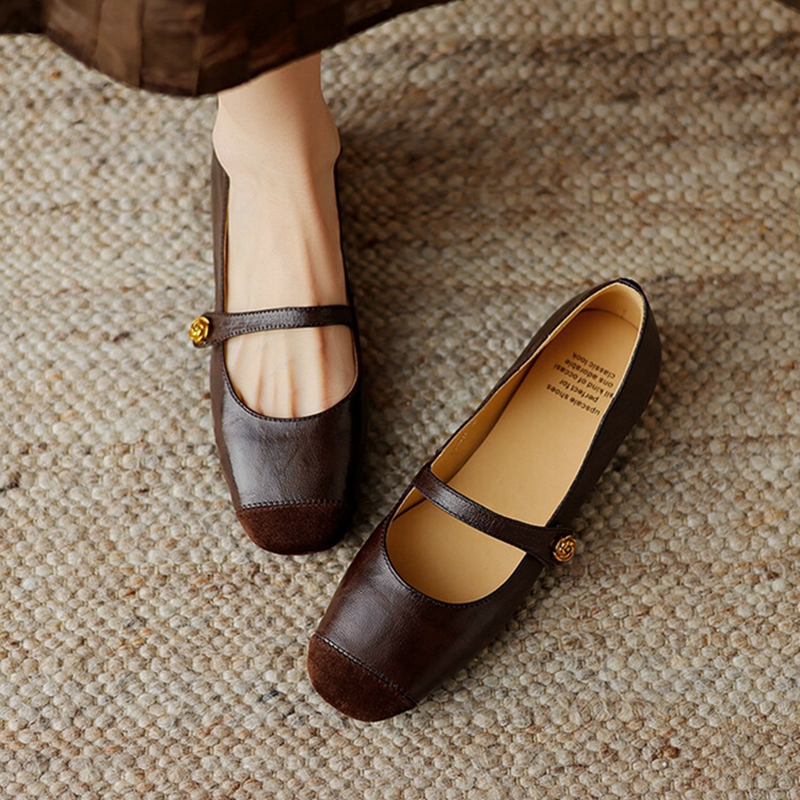 NEW Spring/Autumn Women Pumps Genuine Leather Shoes for Women Square Toe Chunky Heel Shoes Low Heel Shallow Mary Janes Shoes