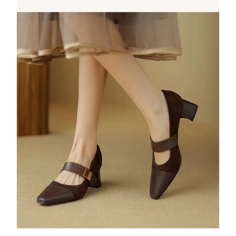 Women Nature Suede High Thick Heels New 2024 Spring Black Apricot Square Toe Pumps Elegant Lady Metal Decoration Shoes