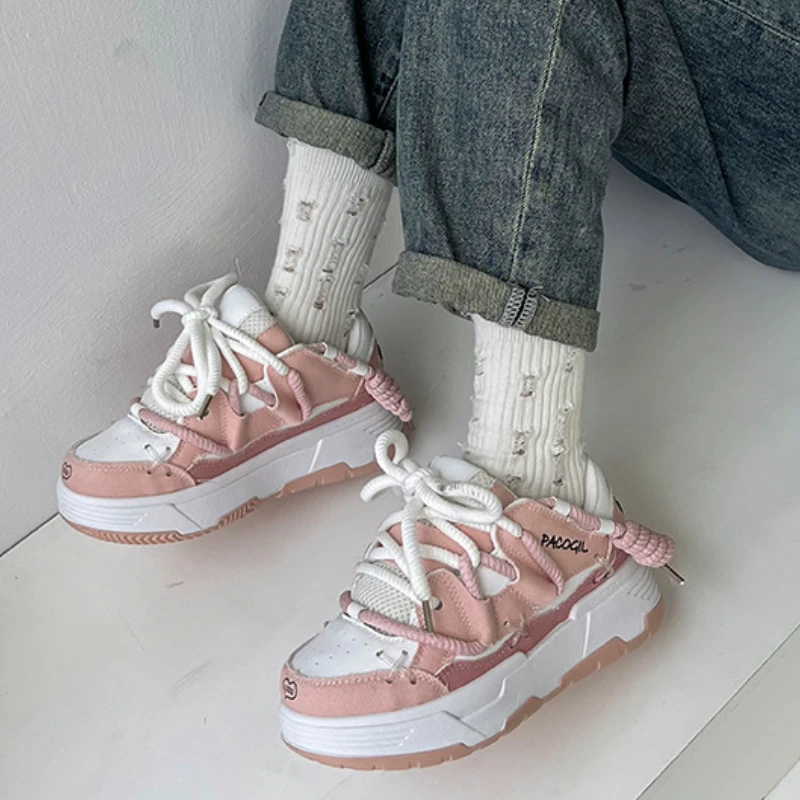 2024 Thick Sole Shoes Fashion Round Toe Flat Shoes Women Comfortable Vulcanized Shoes New Designer Sneakers Zapatillas Mujer