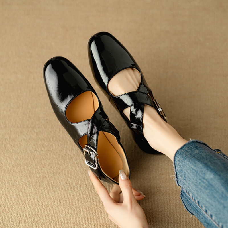 Spring/Summer NEW Square Toe Low Heel Pumps Retro Mary Janes Patent Leather New for Women Ladies Shoes Flats bdd3