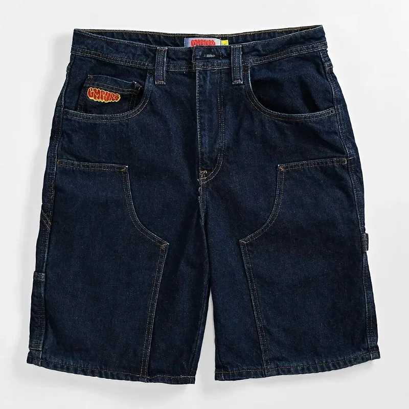 New Dark Blue Denim Skateboard Shorts Cartoon Design Relaxed Casual Jeans Wide-leg Pants Hip-hop Street Shorts For men and womenX240914