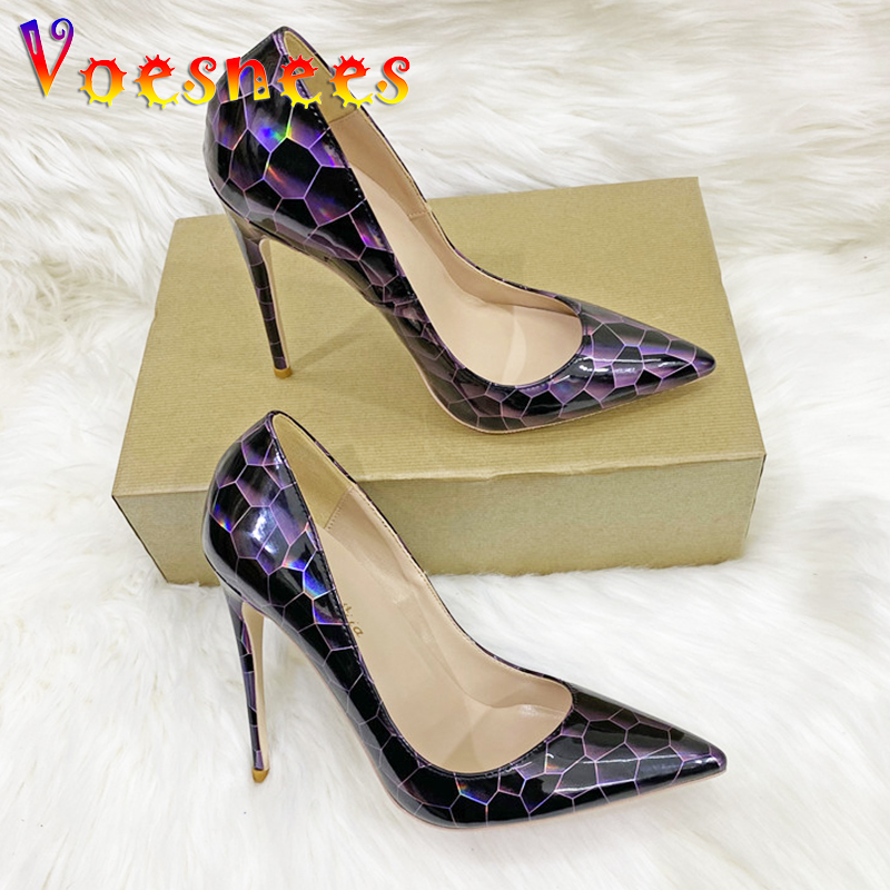 New Colorful Stone Pattern High Heels Pumps Fashion Pointed 12CM Single Shoes Comfortable Soft Leather Holographic Women's Shoe