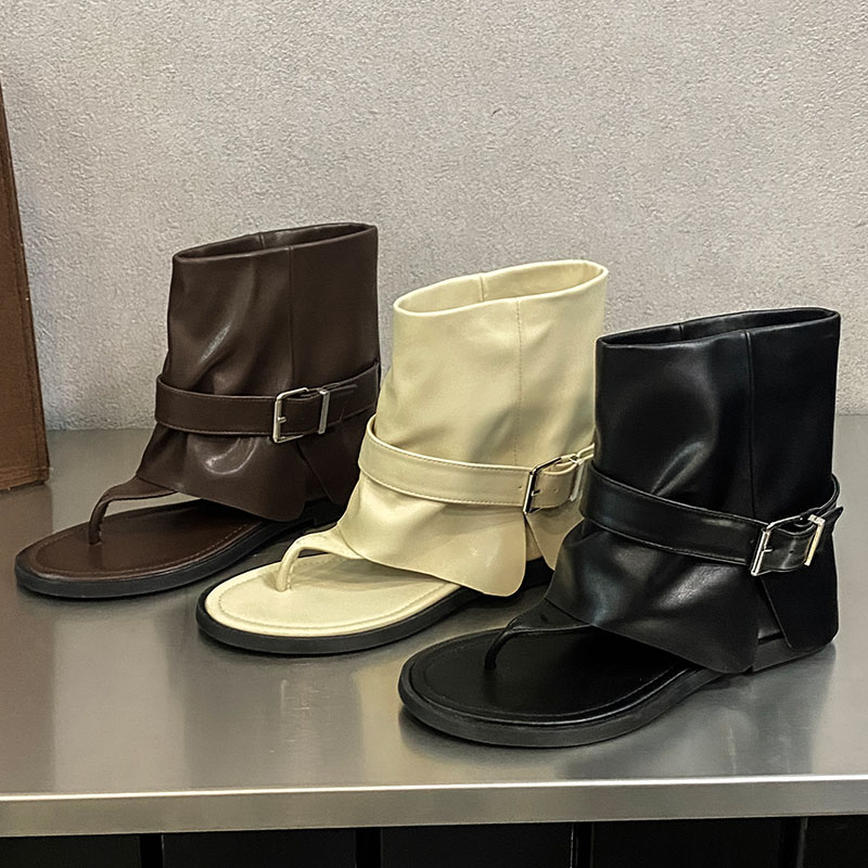 Female Flat With Footwear Sandals Stretch For Women New 2024 Fashion Round Toe Ladies Ankle Boots Shoes Flip ps