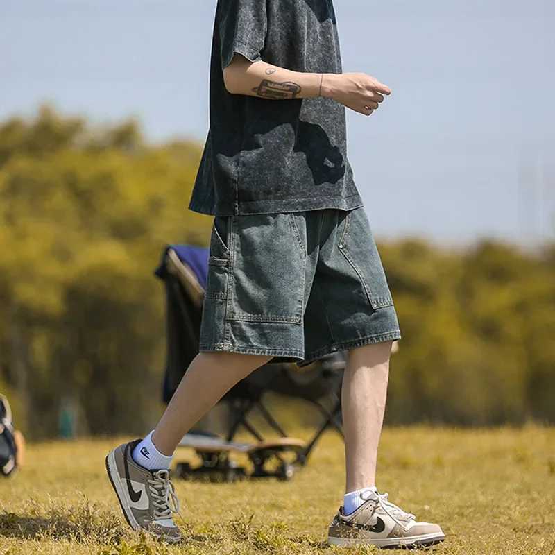 Loose-fit Denim Shorts Vintage American Style Casual Cargo Pants For Men Trendy Wooden Pattern Summer WearX240914