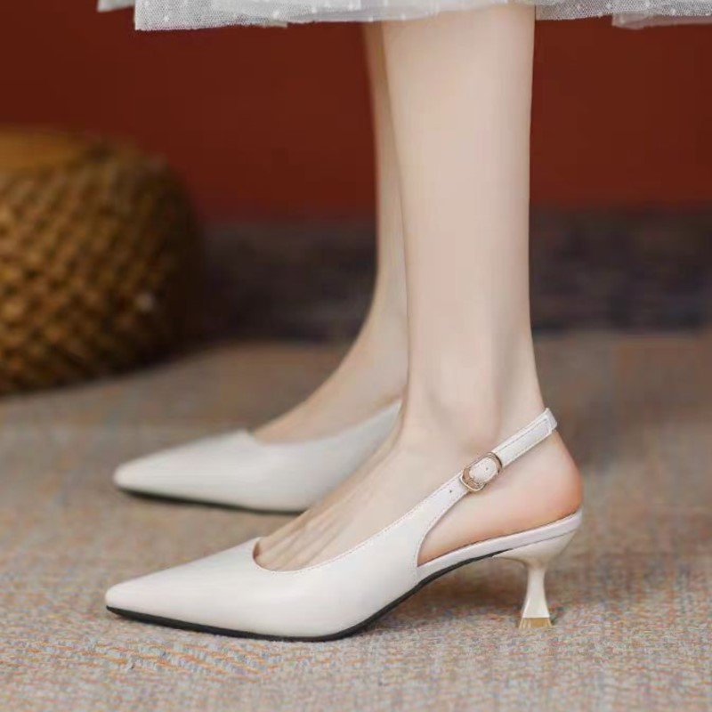 Plus Size 34-43 Women's Sandals Pointed Toe Pumps High Heels Summer Shoes for Female Slingbacks Black Beige Wedding Shoes 1749N