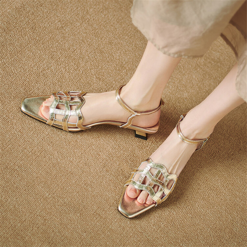 2025 new Summer New for Square Toe Sandals Fashionable Hollow Out Gladiator Women Low Heel Ladies Shoes 5e3d