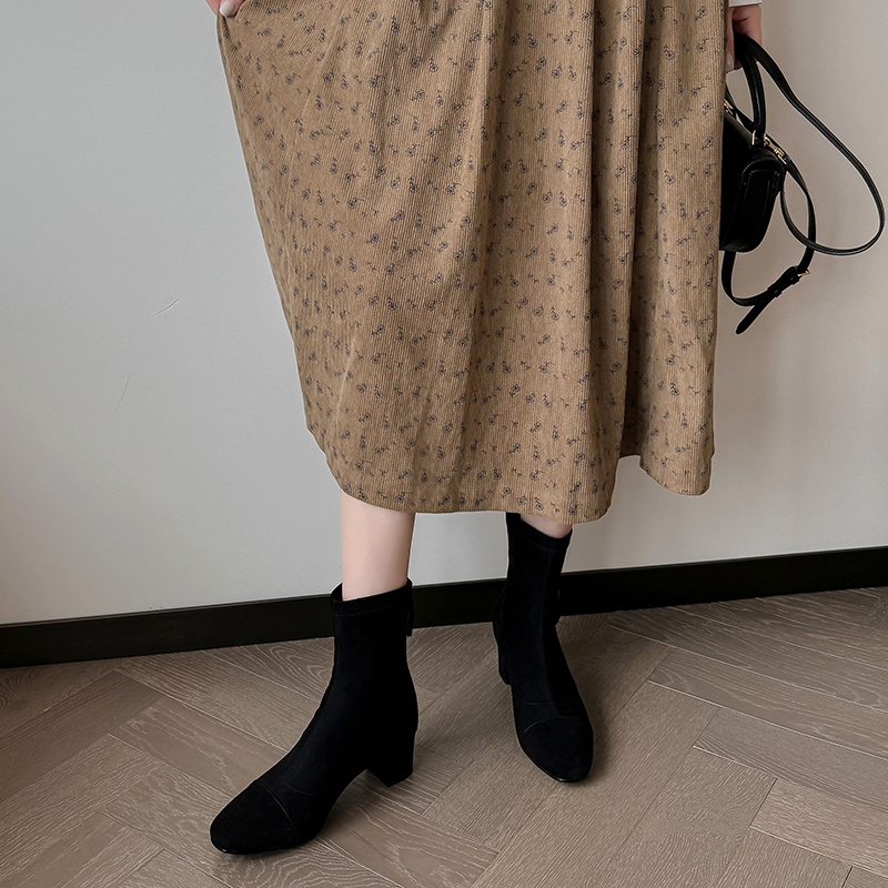 JOZHAMTA Size 34-40 Ankle Women Suede Real Leather Stretch Boots Chunky High Heels Fall Winter Shoes Casual Short Booties