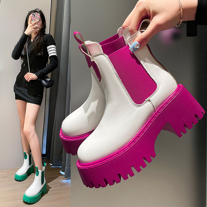 Winter Luxury Design Punk Gothic Street Women's Shoes Green Pink Thick Sole Chunky Heel Slim Chelsea Ankle Boots Fashion Boots