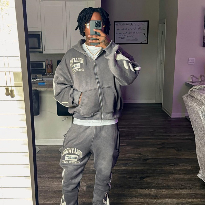 Y2K Hip Hop Tracksuits: Printed Patchwork Loose Hoodie & Joggers Set for Men and Women
