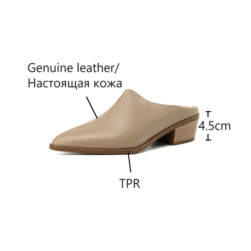 Summer NEW Mules Genuine Leather Shoes for Women Cover Chunky Heel Slippers Pointed Toe New Sgback Designer Sandals 84de