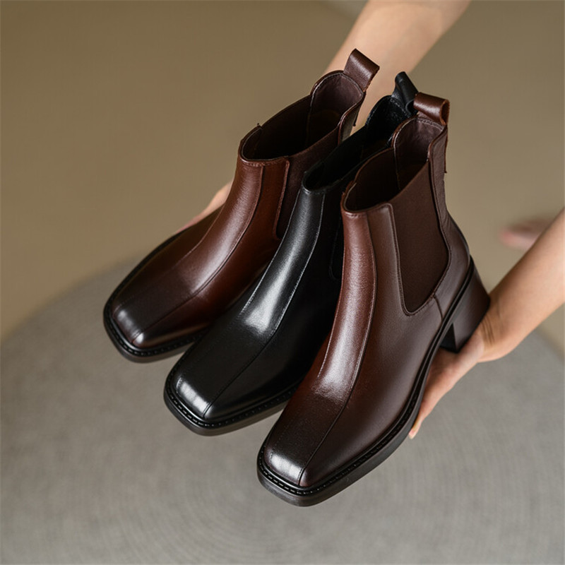 New Autumn Winter Genuine Leather Boot Fashion Square Toe Chunky Boots for Women High Heels atos Mujer