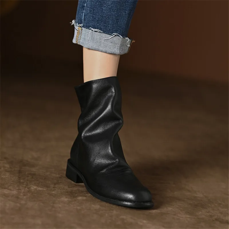 2023 Autumn Winter Soft Retro Ankle Boots Round Toe Low Heel Western Boot Shoes for Women