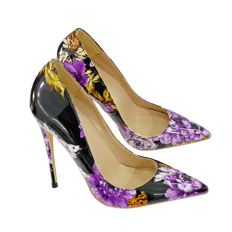 Purple Flower High Heels Autumn New Shallow Mouth Single Shoes 12CM Fashion Print Pumps Plus Size 43 Women Pointed Toe Stilettos