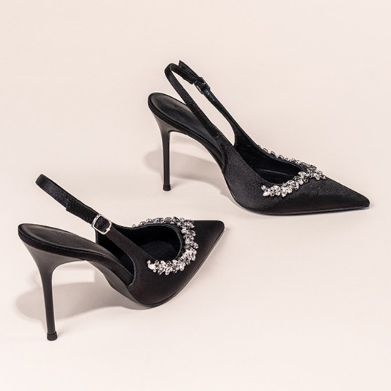 2024 Spring New Baotou Sandals Women'S Wedding High Heels Fine Heel Pointy Rhinester French Temperament Single Shoe Black