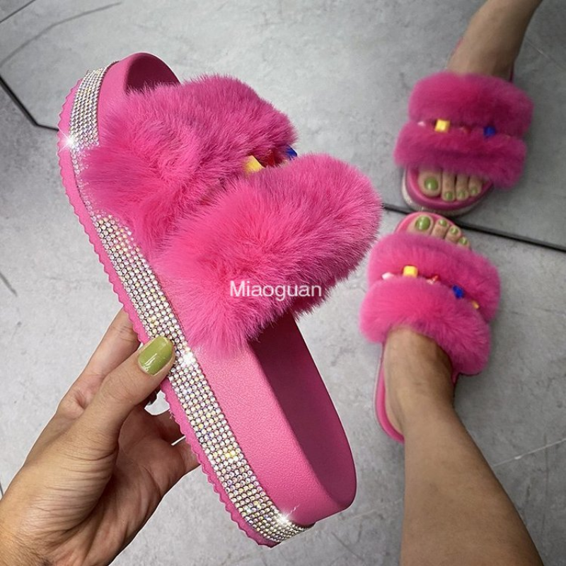 Slippers: Designer Fur Rhie Platform Wedges, Solid Fluffy Furry Slides for Women, Sexy Casual Ladies' Outside Shoes 4 ry