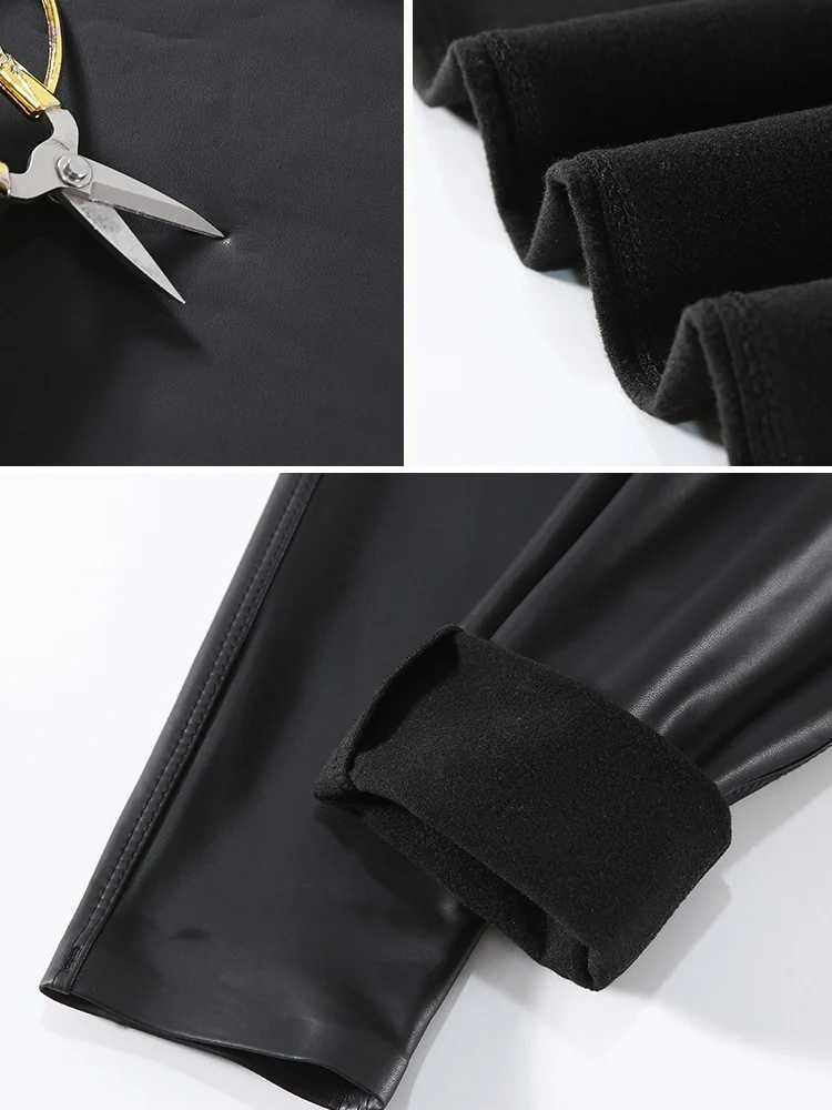 Autumn Winter Women Fleece Matte Leather Leggings High Quality Sheepskin High Waist Elastic PU Leather Pants Slim Sexy LeggingsX240914