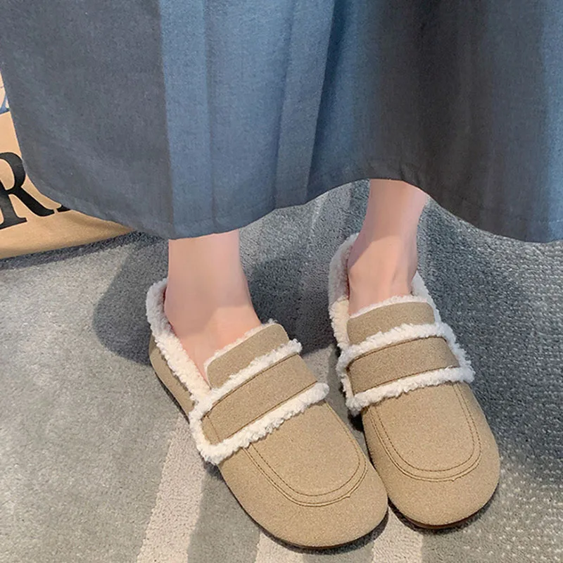 Retro Flat Bottomed Casual Women's Cotton Shoes Autumn Winter Mocasines Thick Plush Slip on Loafers Soft Sole Khaki Zapatillas
