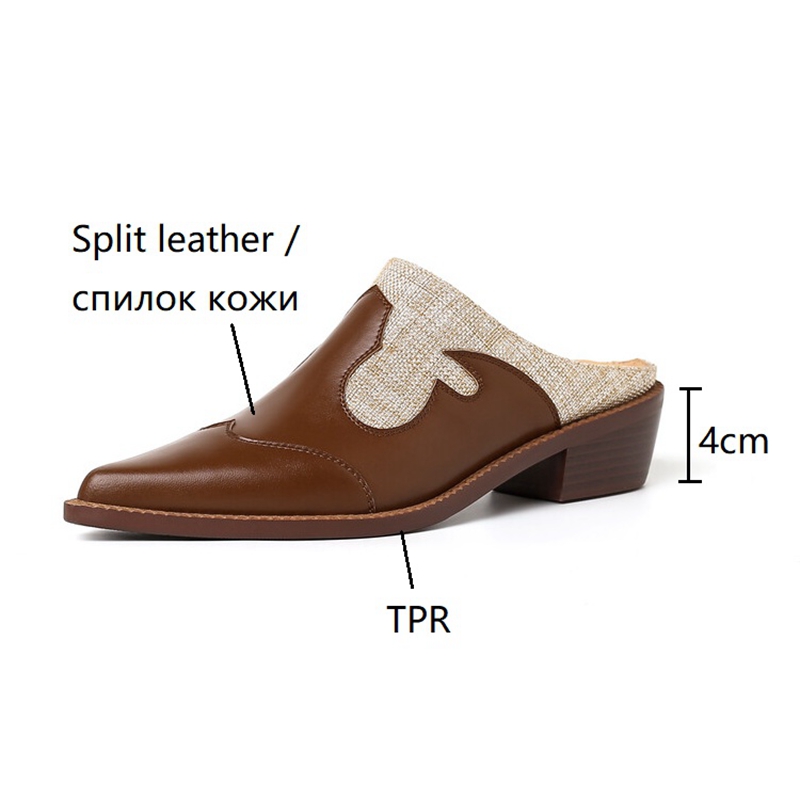 Covered Summer Toe Slippers Chunky Heel Mules Split Leather New for Women Sgback Sandals Handmade Shoes 074b