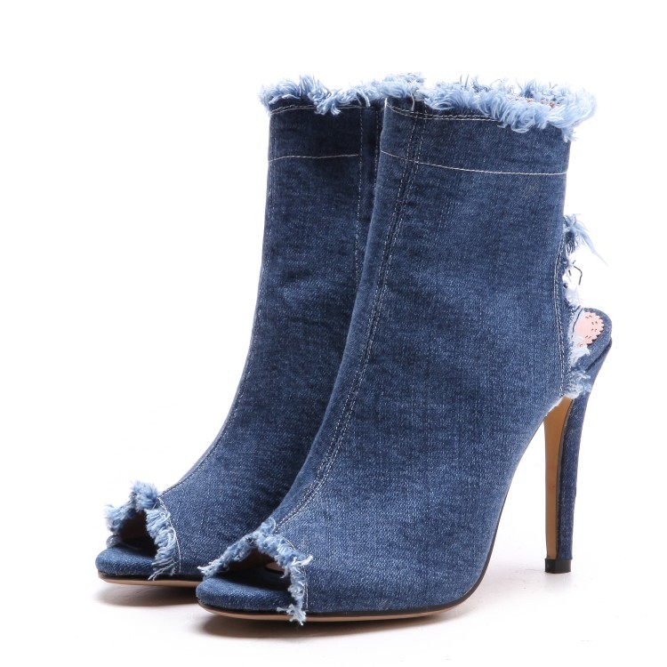 High Heels Women Sandal Summer 2024 Fashion Denim Peep Toe Size Zip Women's Sandal Lady Dress Party Shoes