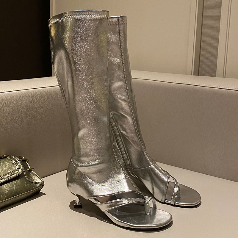 Footwear Peep Toe Women Knee High Stretch With Low Heel Female Zippers Fashion Elastic Ladies Long Boots Shoes Flip ps