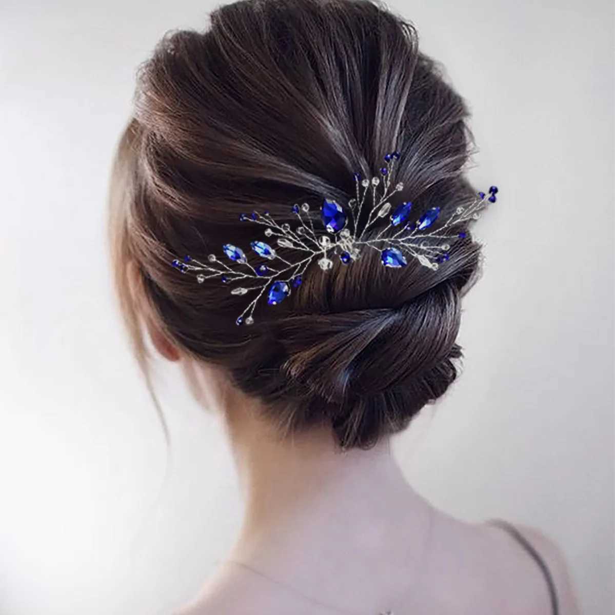 Blue Color Crystal Hair Pins Wedding Jewelry Accessories Head Decoration Bride Headdress Women Tiara Hair Bands Hair VineX240913