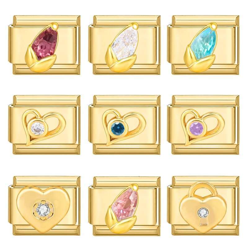 New Women's Gift Gold heart Pet with Cz Pendant Italian Charms Links Bangle Beads Fit 9mm Stainless Steel Bracelet Making DIY For Women Fashion J