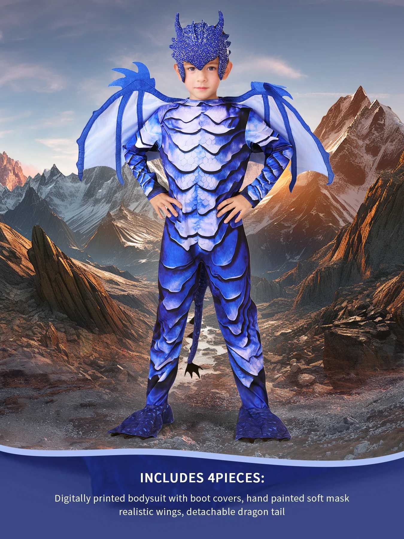 Boy Frost Blue Dragon Knight jumpsuit childrens Halloween carnival themed party costume with wing tail mask W240914